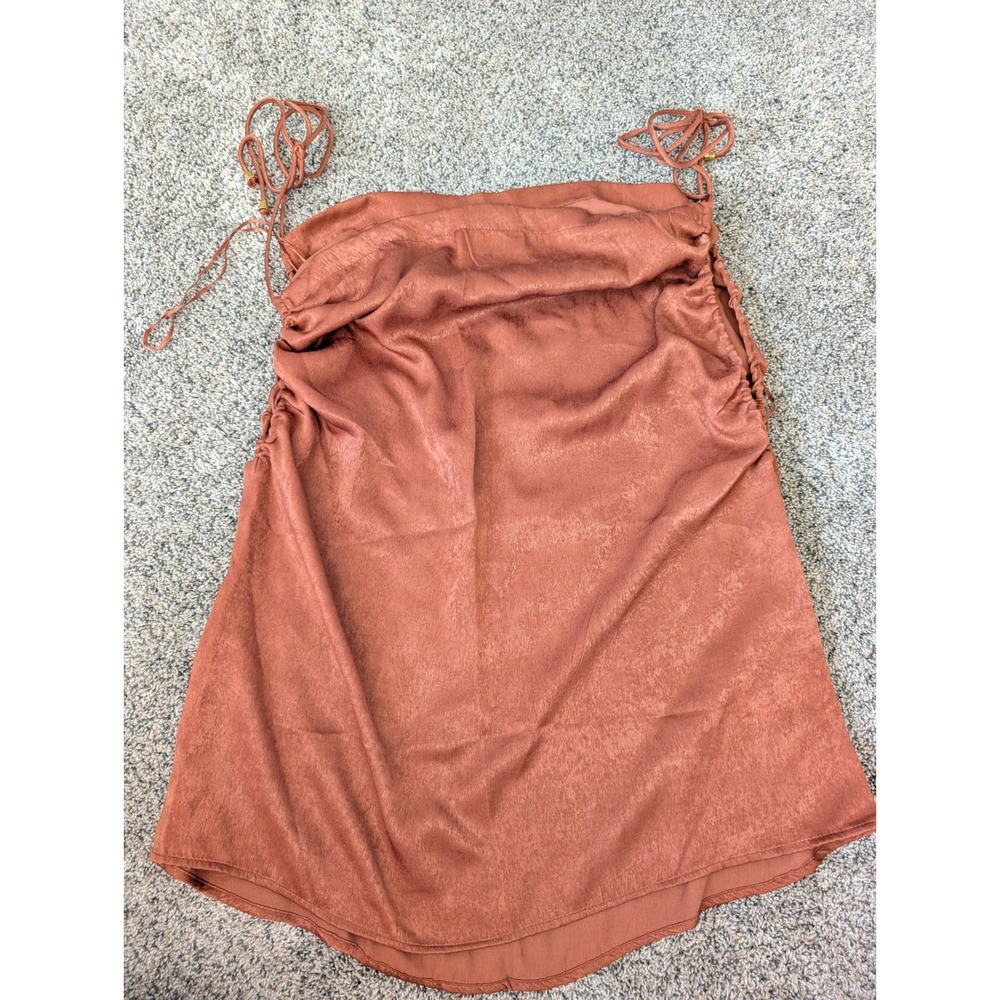 Free People Rust Brown Satin‎ Side Ruched Mini Dress NWT Small